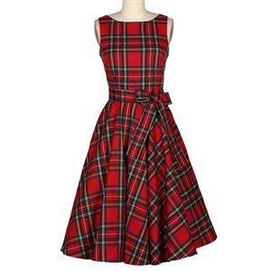 Women' 1950's Vintage Retro Red Plaid Belted A-Line Dress N11385