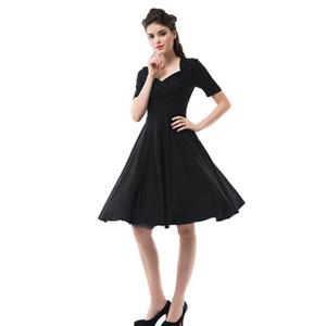 Elegant 1950's Vintage Pure Black Short Sleeve Casual Cocktail Party Swing Dress N11608