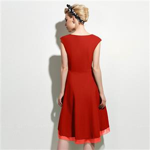 Women's 1950's Vintage Red Square Neck Cap Sleeve Party Cocktail Swing Tea Dress N16359