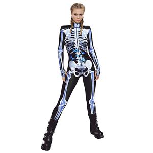 Scary Blue Bone 3D Digital Printed Unitard Skeleton High Neck Bodysuit Halloween Costume N22319