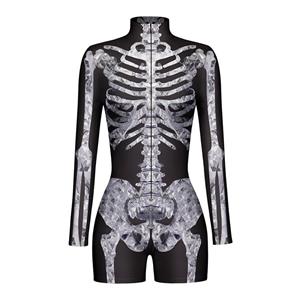 Scary Grey Skeleton 3D Digital Printed High Neck Long sleeve Shorts Bodysuit Halloween Costume N22335