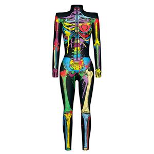 Scary Multiple Colors Bone 3D Digital Printed Unitard Skeleton High Neck Bodysuit Halloween Costume N22315