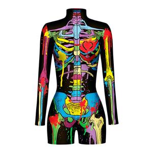 Scary Multi Colored Skeleton 3D Digital Printed High Neck Long sleeve Shorts Bodysuit Halloween Costume N22337