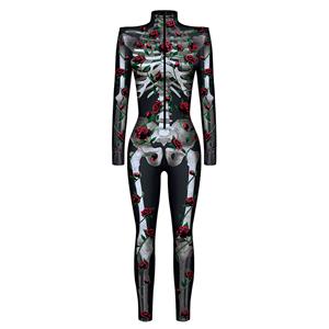 Scary Red Rose Bone 3D Digital Printed Unitard Skeleton High Neck Bodysuit Halloween Costume N22320