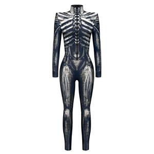 Scary White Bone 3D Digital Printed Unitard Skeleton High Neck Bodysuit Halloween Costume N22321