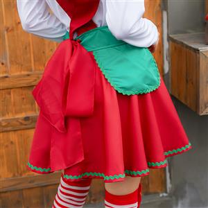 3pcs Women's Cute White Long Sleeve Red High Waist Mini Dress Christmas Costume With Apron N19456