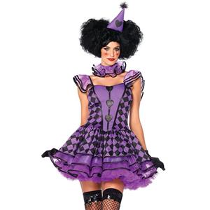 4pcs Deluxe Sexy Circus Clown Purple Grid Mini Dress  Black Heart Queen Cosplay Costume N19551