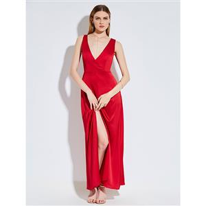 Sleeveless Ankle Length Long Maxi Dress, Long Beach Maxi Dress, Red Evening Party Maxi Dress, Maxi Dresses for Women Party, Deep V-neck Maxi Dress, #N14222