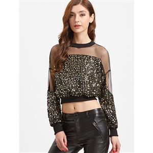 Fashion Glitter Sequined Long Sleeve Crop Top N12457