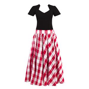 Vintage Black Cut Out Short Sleeve T-shirt and Plaid Skirt Set N12944
