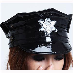 Fashion Black Faux Leather Adult Police and Stewardess Cosplay Hat J16563
