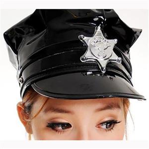 Fashion Black Faux Leather Adult Police and Stewardess Cosplay Hat J16563
