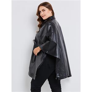 Women's Black Faux Leather Batwing Sleeve Zipper Button Plus Size Overcoat N15348
