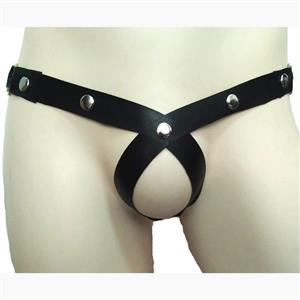 Sexy Underwear Black Faux Leather Rivet G-string Crotchless Thong PT17610