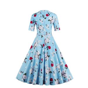 1950's Vintage Blue Short Sleeves Casual Cocktail Party Dress N11657