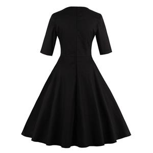 Vintage Black Half Sleeves Embroidery Casual Cocktail Party Dress N12052