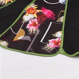 Fashion Vintage Black Halter Backless Flower Print Casual Swing Mini Dress N14998