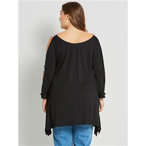 Women's Black Round Neck Hollow Nine Points Sleeve Pullover Plus Size T-Shirt N15783