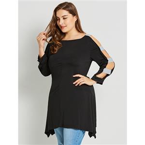 Women's Black Round Neck Hollow Nine Points Sleeve Pullover Plus Size T-Shirt N15783