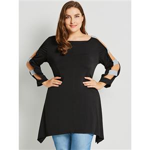 Black Long Sleeve T-Shirt, Women's Round Neck T-Shirt, Plus Size Pullover T-Shirt, Casual Pullover T-Shirt, Black Cold Shoulder T-Shirt, Slim T-Shirt for Women, #N15783