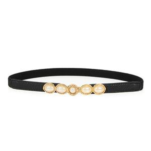 Women's Fashion Black Leather Pearl Thin Waist Belt for Dresses Up N16934