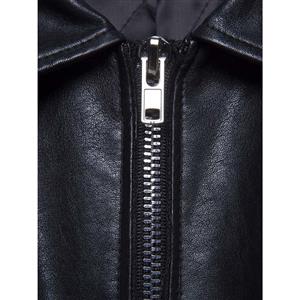 Women's Black Long Sleeve Lapeled Zip Up Faux Leather Coat N15683