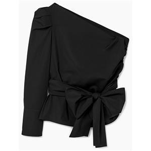 Women's Black Long Sleeve Oblique Collar Bow Knot Blouse N14454