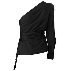 Women's Black Long Sleeve Oblique Collar Bow Knot Blouse N14454