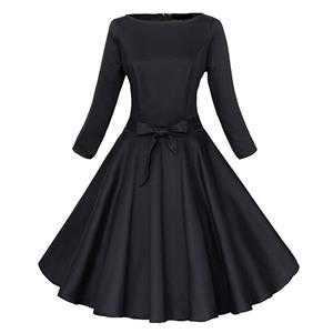 Classic 1950's Vintage Pure Black Long Sleeves Casual Cocktail Party Dress N11636