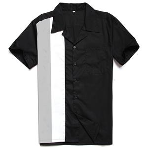Fashion Black Splicing Panel Beer Shirt Casual Fifties Bowling Shirt with Pocket N16753