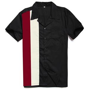 Fashion Black Splicing Panel Beer Shirt Casual Fifties Bowling Shirt with Pocket N16754