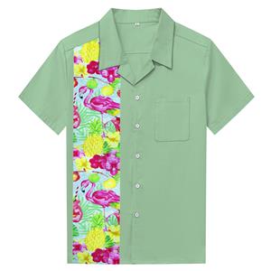 Green Flamingo Print Male Fifties Bowling Shirt N17724