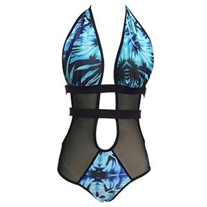One-piece Halter Strappy Cut Out Plant Print Swimsuit BK12616