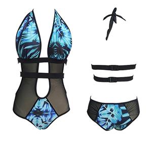 One-piece Halter Strappy Cut Out Plant Print Swimsuit BK12616