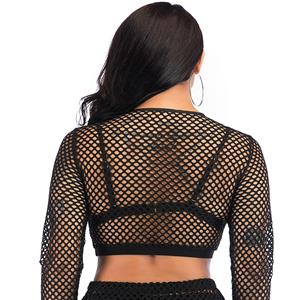 Fashion Sexy Sheer Black Mesh Long Sleeves Round Neckline Crop Top Nightclothes Lingerie N19014