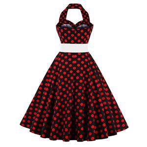 1950's Vintage Halter Polka Dot Casual Swing Dress N11878