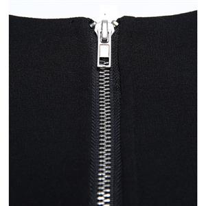 Women's Black Round Neck Long Sleeve Front Zipper Peplums Blouse N15560