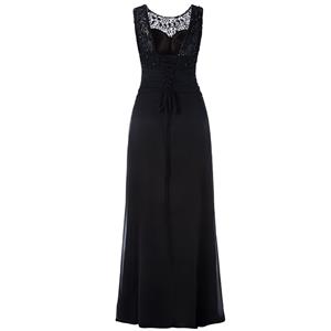 Women's Elegant Black Round Neck Sleeveless Appliques Beaded Evening Party Gowns N15852