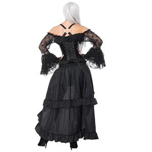 Women's Steampunk Plastic Boned Leather Strappy Satin Outerwear Corset High-low Skirt Set N16232