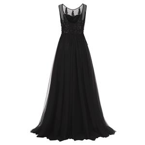 Women's Black Sleeveless Backless Appliques Bridesmaid Dress Prom Evening Gowns N15899