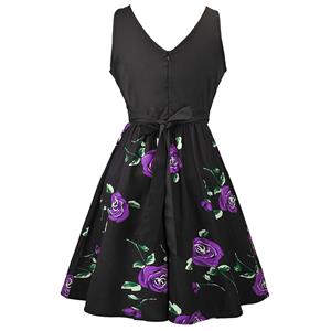 Women's Vintage Sleeveless Floral Swing Dress With Belt N14135