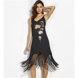 Women's Sexy Black Spaghetti Strap Flower Embroideried Tassel Casual A-line Dresses N14878
