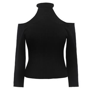 Women's Black Stand Collar Cold Shoulder O-ring Connected Pullover Plus Size Sweater N15733