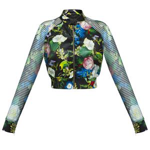 Women's Black Stand Collar Raglan Sleeve Floral Print Short Jacket N15773