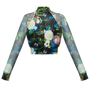 Women's Black Stand Collar Raglan Sleeve Floral Print Short Jacket N15773