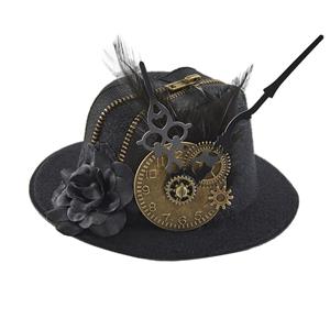 Black Steampunk Vintage Dial Pointer and Feather Halloween Costume Top Hat J22874