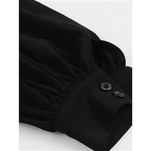 Women's Black V Neck Lantern Sleeve Midi Dresses N14977