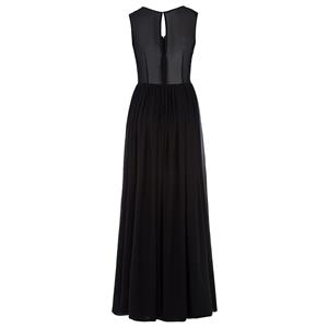 Women's Elegant Black V Neck Sleeveless Beaded Appliques Chiffon Evening Gowns N15860