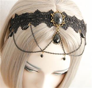 Black Vintage Lace Dark Gems Metal Chain Hair Clasp J12857