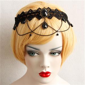 Black Vintage Lace Dark Gems Metal Chain Hair Clasp J12857